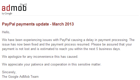 AdMob March 2013 Payment Updates